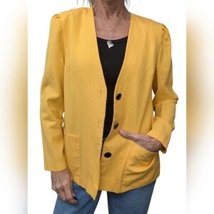 Vintage Retro Caron Chicago Linen Mustard Yellow Collarless Blazer Jacket